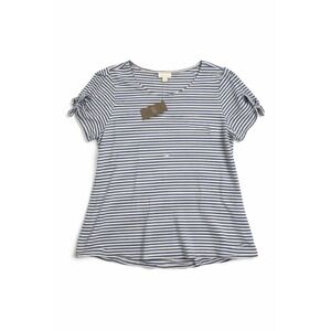 J. Jill Love Linen Blue White Striped Tie Sleeve Scoop Neck Top L Petite NEW